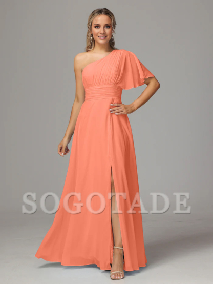 Asymmetric collar single sleeve pleated chiffon side slit and floor length bridesmaid dress