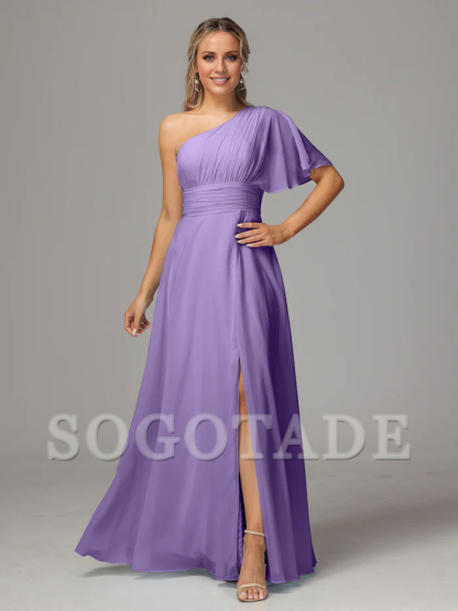 Asymmetric collar single sleeve pleated chiffon side slit and floor length bridesmaid dress