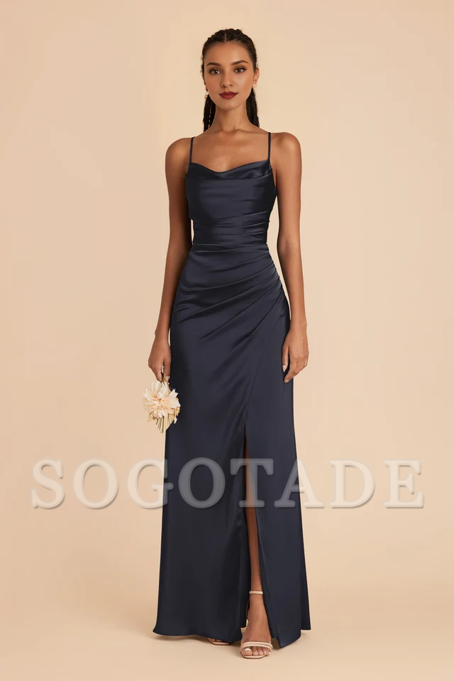Thin shoulder strap pleated collar matte satin fish tail slit bridesmaid dress