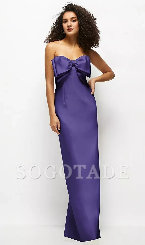 Handmade oversized bow strapless satin long bridesmaid dress