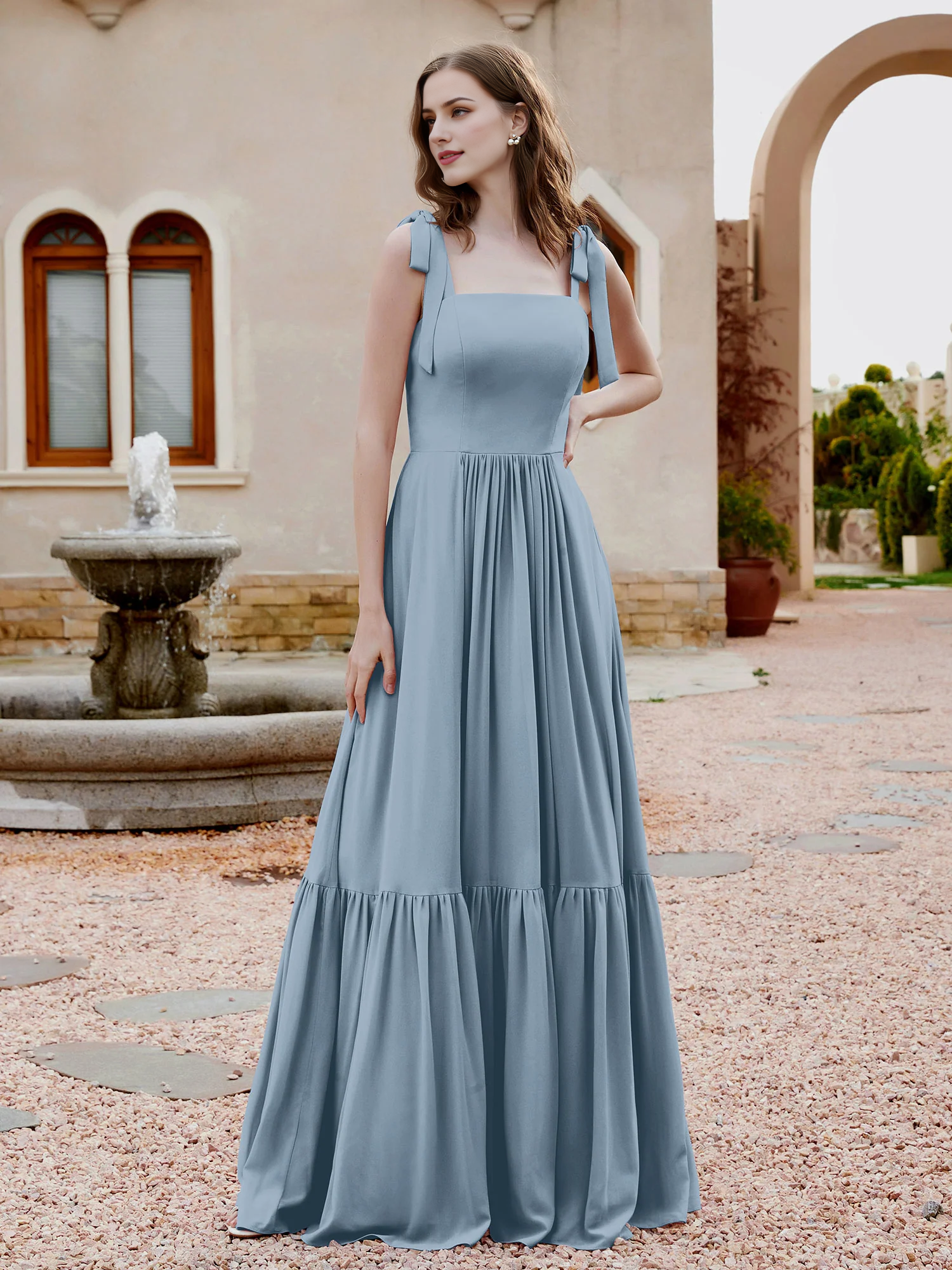 A-line butterfly bow ruffle sleeveless chiffon bridesmaid dress-SOGOTADE