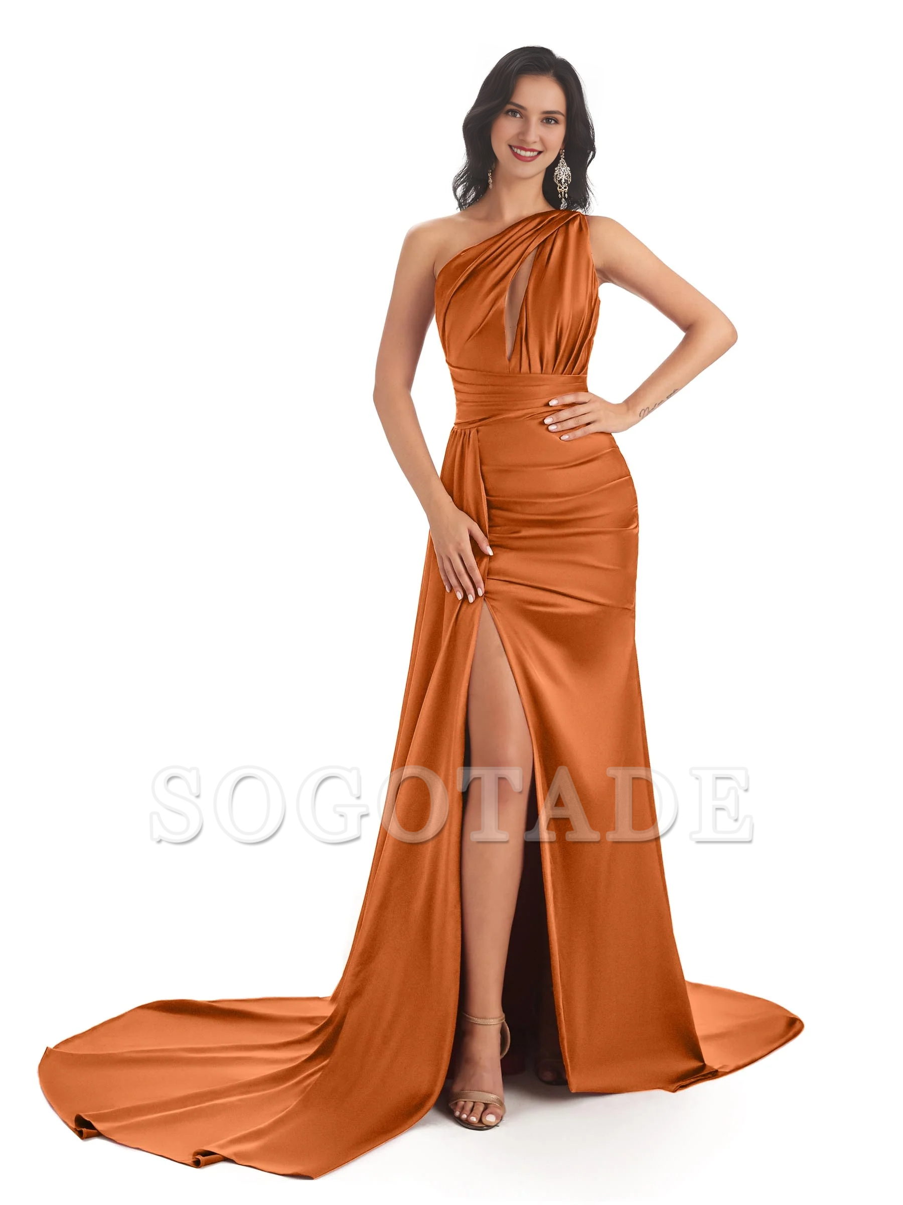 Sexy and soft satin side slit one shoulder fish tail long wedding bridesmaid dress