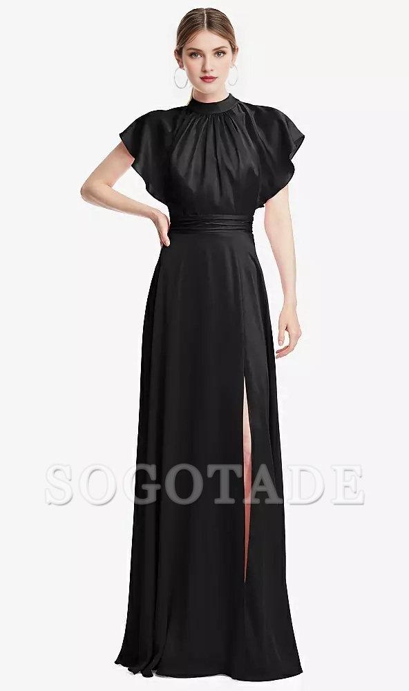 Wrinkled stand collar with ruffled sleeves backless long Prom dress