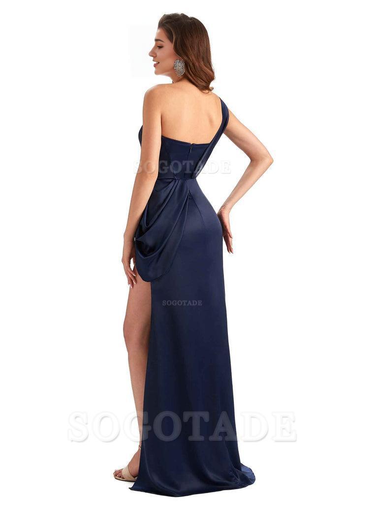 Sexy Mermaid Silky Satin Side Slit One Shoulder Unique Long Wedding Guest Dresses