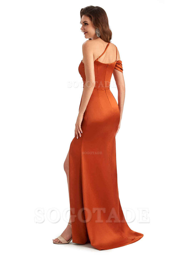 Sexy Side Slit Mermaid Soft Satin One Shoulder Long Unique Bridesmaid Dresses