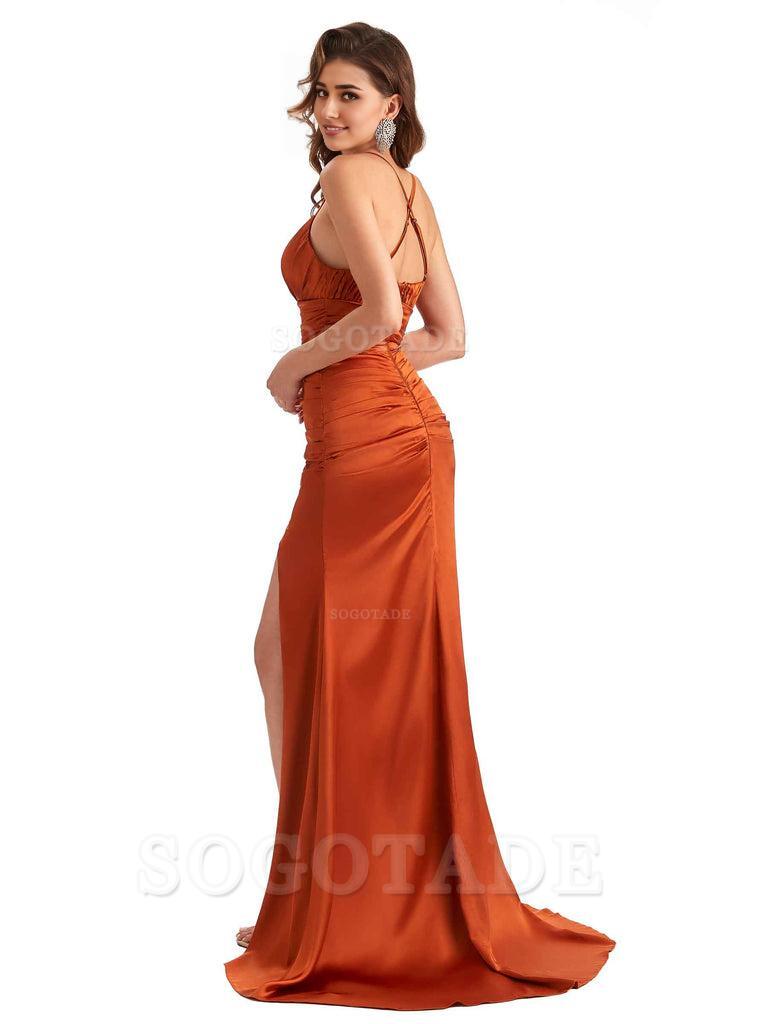 Sexy Side Slit Mermaid Soft Satin Spaghetti Straps Criss Cross Long Bridesmaid Dresses