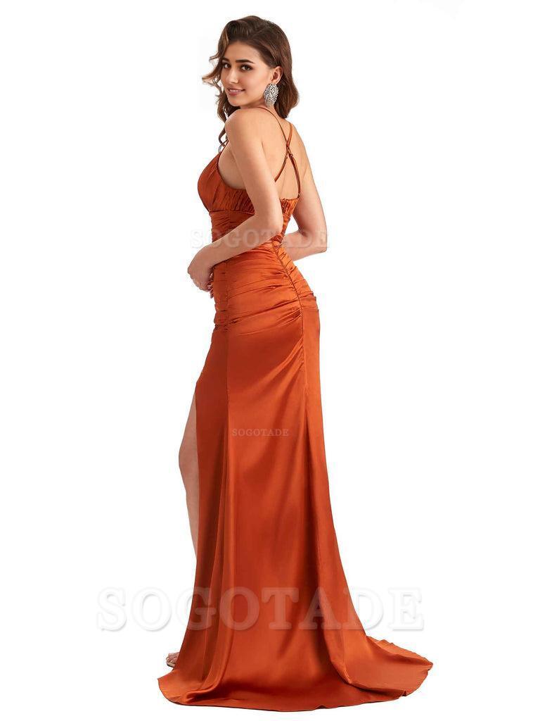 Sexy Side Slit Mermaid Soft Satin Spaghetti Straps Criss Cross Long Bridesmaid Dresses
