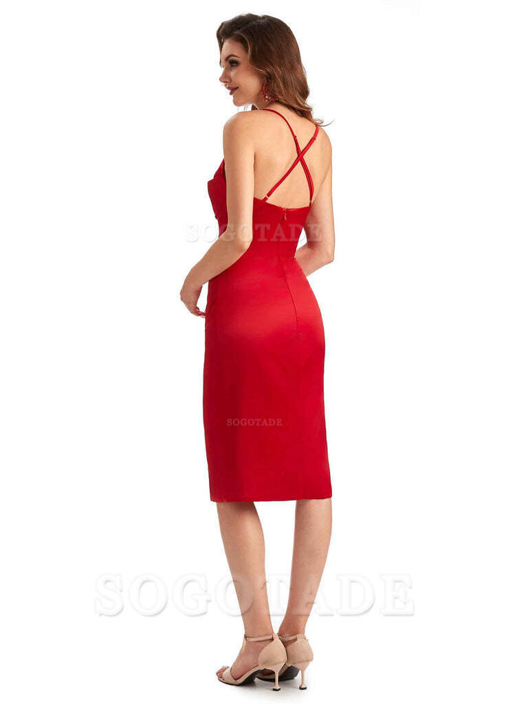 Elegant Spaghetti Straps Mermaid Soft Satin Knee Length Short Bridesmaid Dresses