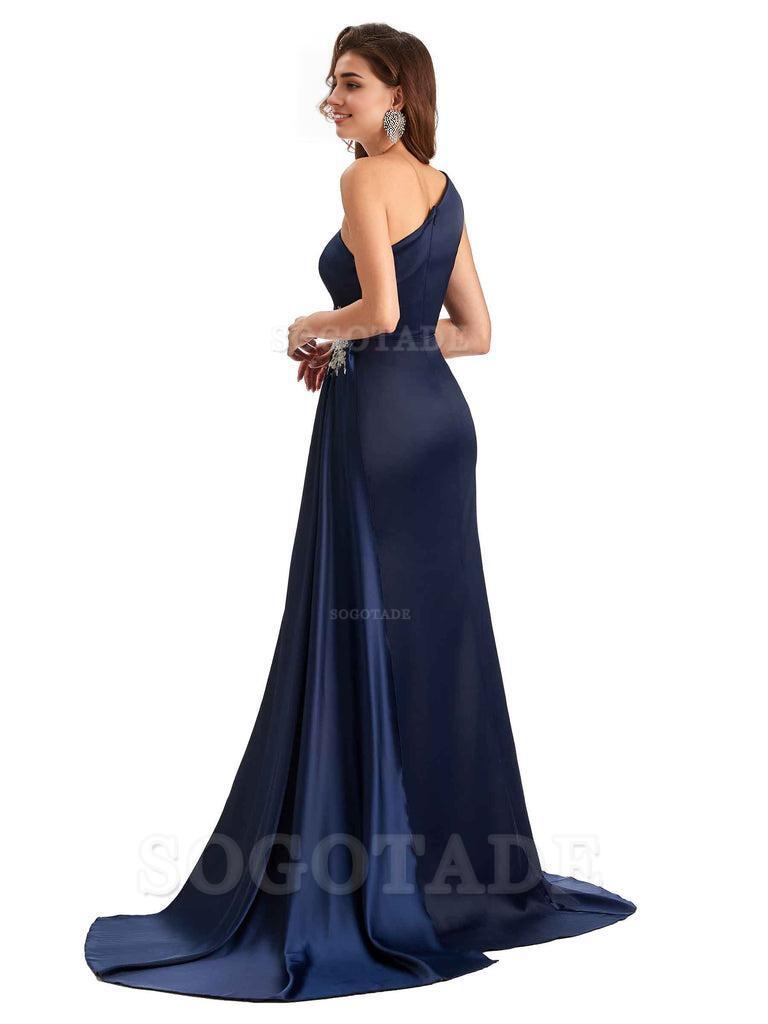 Sexy Side Slit Mermaid Soft Satin One Shoulder Lace Long Modern Bridesmaid Dresses