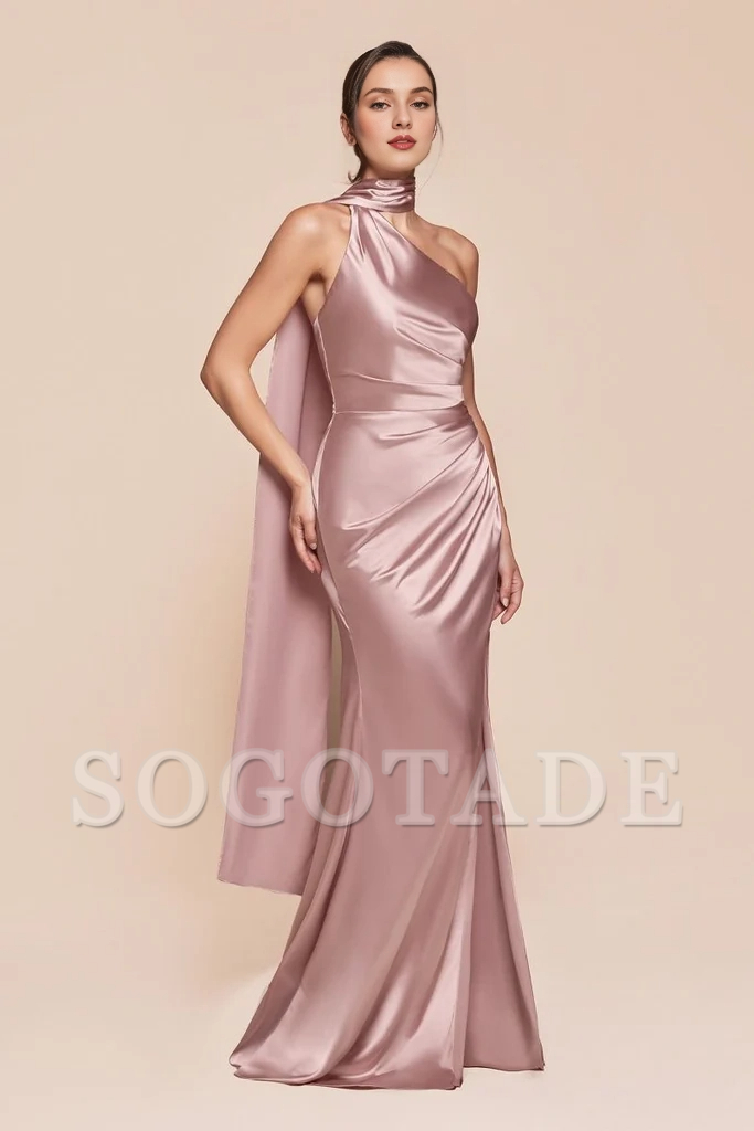 Luxury satin slim fit and floor length gown evening dresses on one shoulder