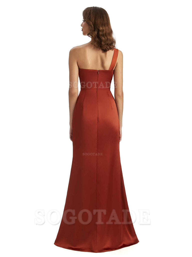 Sheath One shoulder Satin formal dresses evening gown Bridesmaid Dresses With Side Slit 