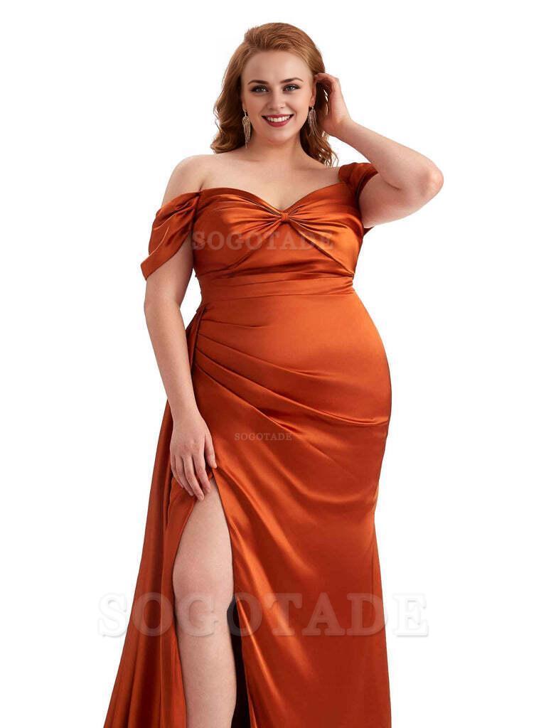  Sexy Side Slit Off The Shoulder Mermaid Soft Satin Long Plus Size Bridesmaid Dress For Wedding