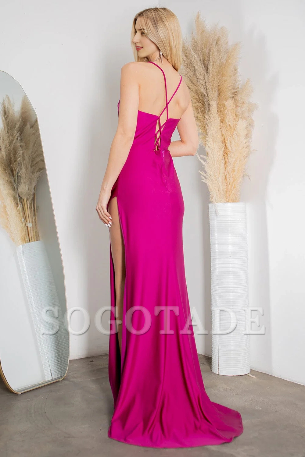 Tailored slit skirt long satin sleeveless high neck tight corset dress