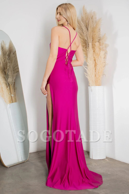 Tailored slit skirt long satin sleeveless high neck tight corset dress