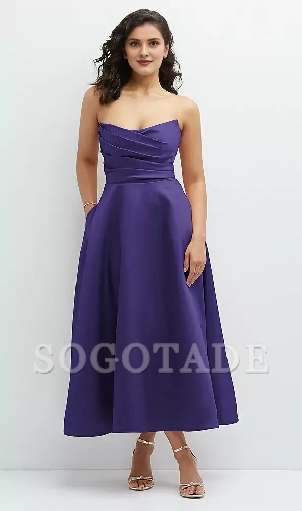 Hanging pleated tight corset strapless satin Prom dress