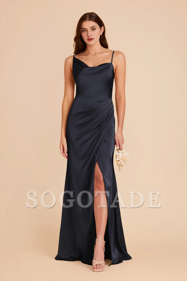 Asymmetric collar satin pillar wrapped slit bridesmaid dress