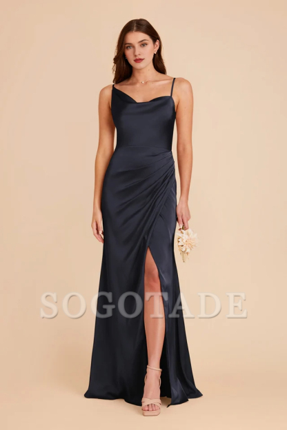 Asymmetric collar satin pillar wrapped slit bridesmaid dress