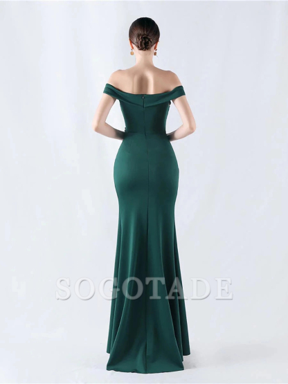 Off shoulder pleated slit and floor length gown evening dresses