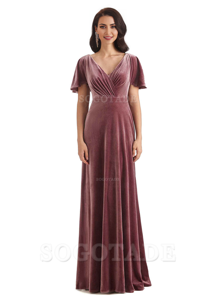 V-Neck Sexy See Through Short Sleeves Lace up Velvet Long Bridesmaid Dresses Formal Women's Dresses Wedding Guests Dresses