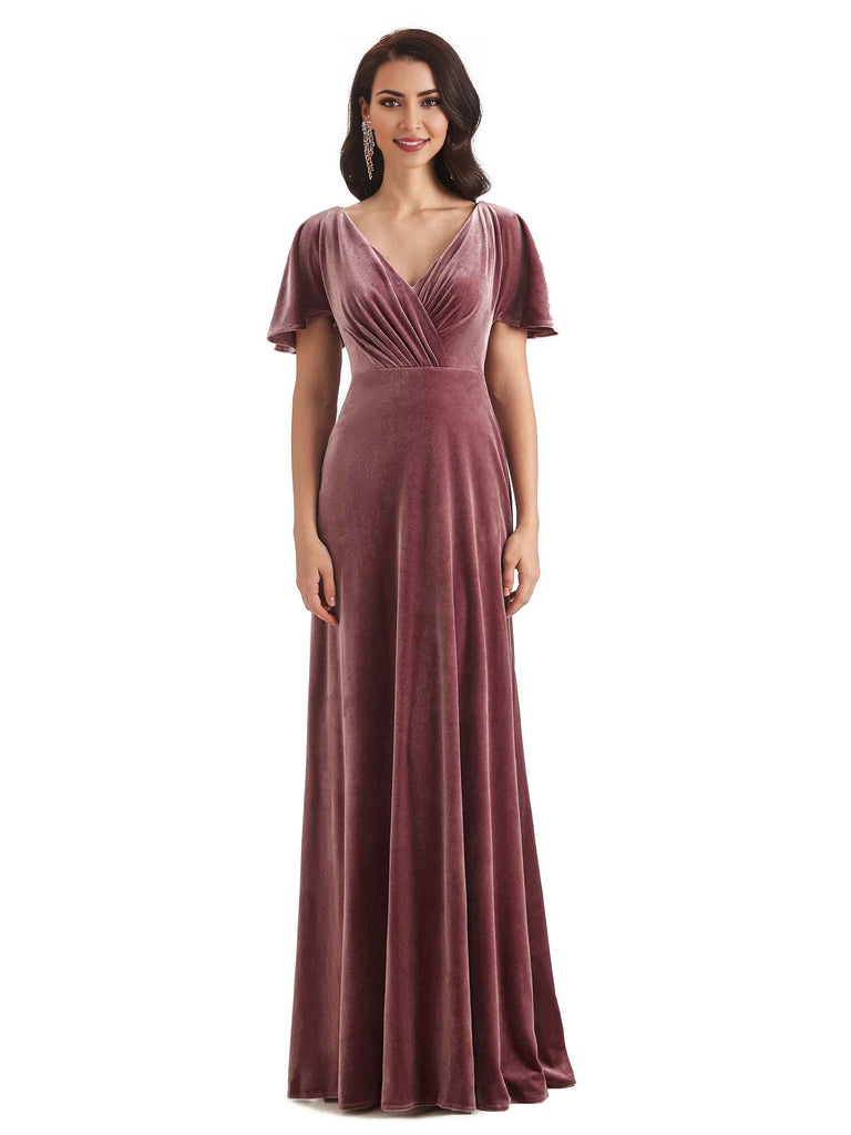 V-Neck Sexy See Through Short Sleeves Lace up Velvet Long Bridesmaid Dresses Formal Women's Dresses Wedding Guests Dresses