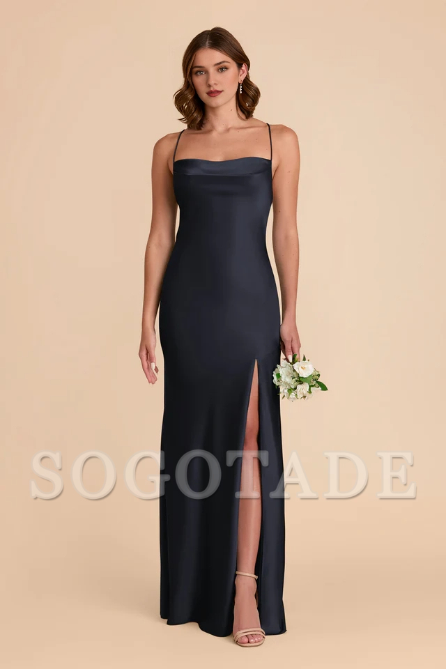 A-line neck hanging thin shoulder strap scarf with slit bridesmaid dress