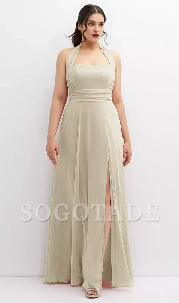 Hanging neck multi-directional lace up chiffon long Prom dress