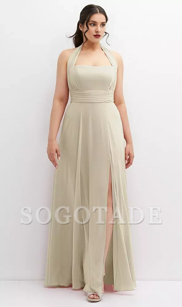 Hanging neck multi-directional lace up chiffon long Prom dress