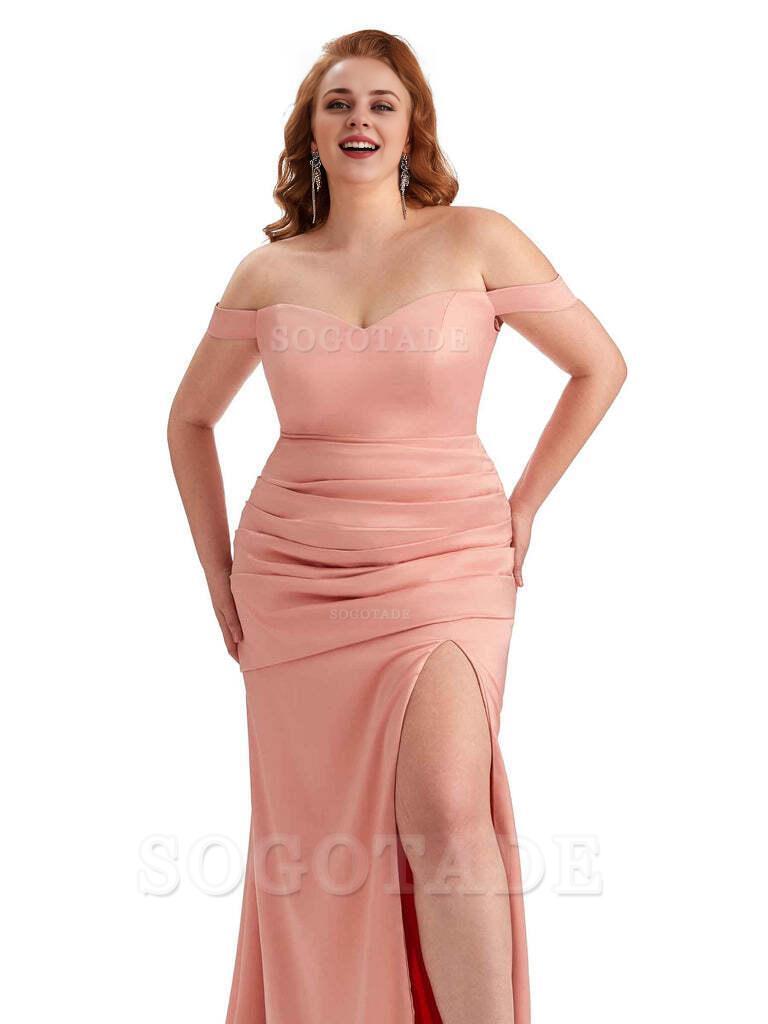 Sexy Mermaid Off The Shoulder Side Slit Soft Satin Long Plus Size Wedding Party Dresses