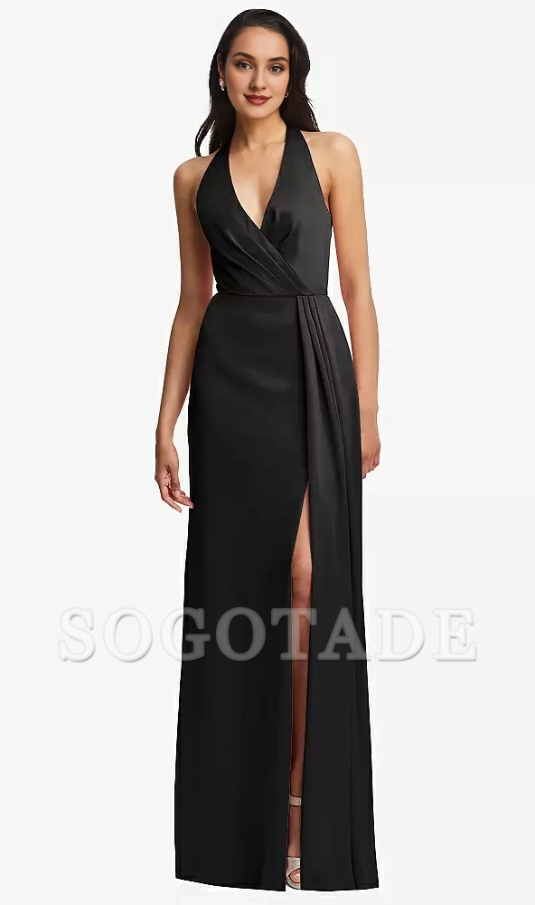 Pleated V-neck back slit horn and floor length Prom dress
