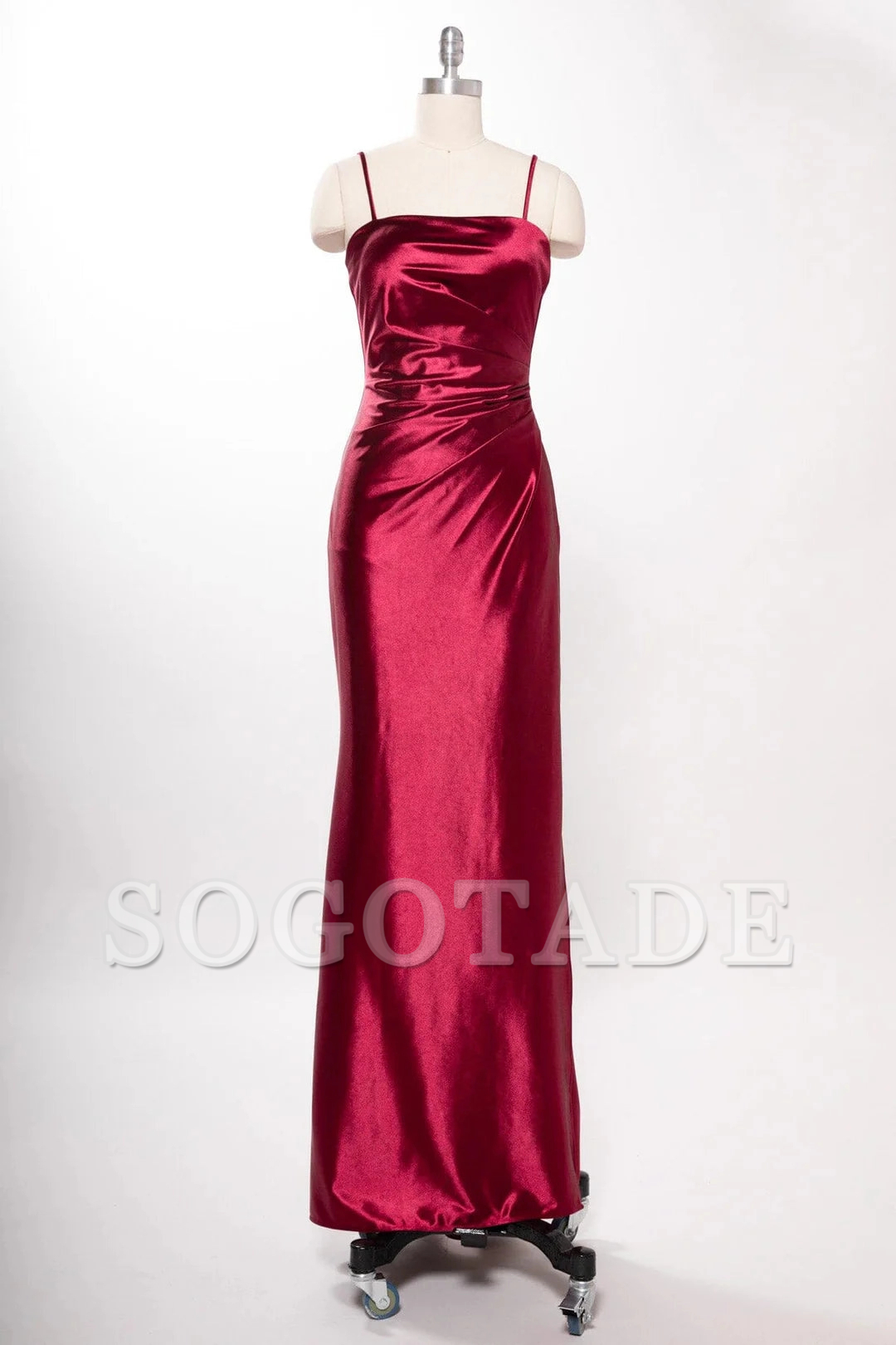 Fitted slit skirt rectangular collar satin dress