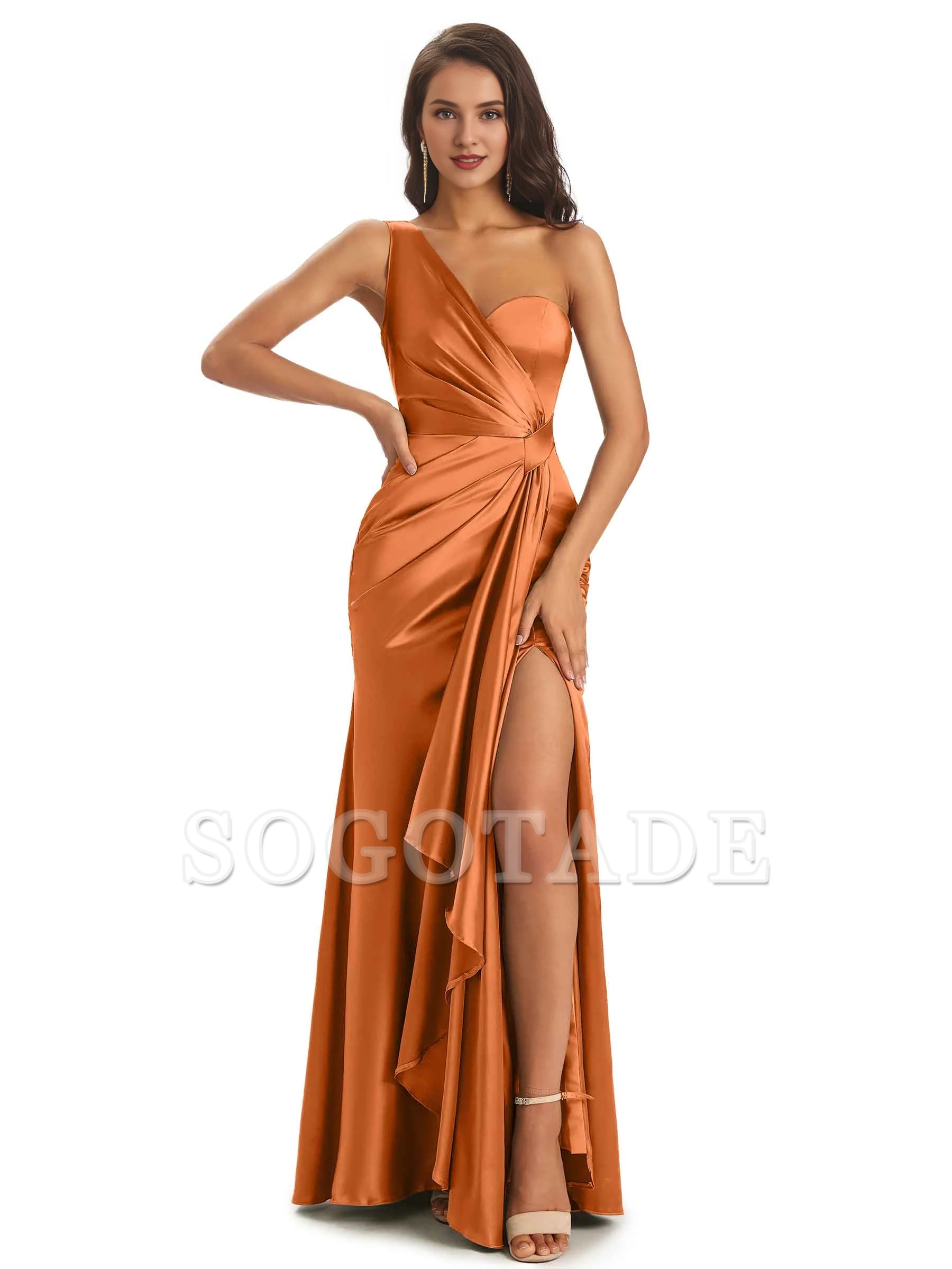 Elegant and soft satin side slit one shoulder unique fish tail bridesmaid dress
