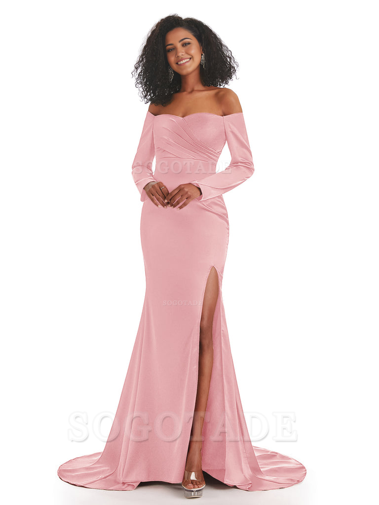 Mermaid Long Sleeve Satin formal dresses evening gown Bridesmaid Dresses With Side Slit 