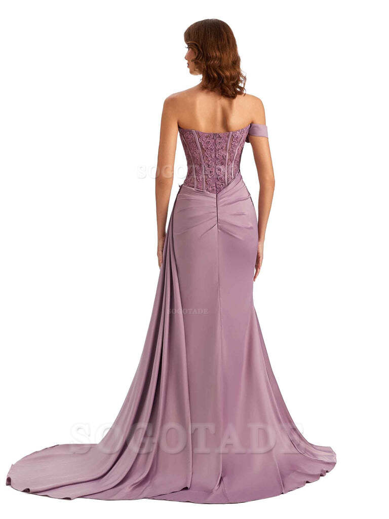 Mermaid Off Shoulder Applique formal dresses evening gown Bridesmaid Dresses With Side Slit 