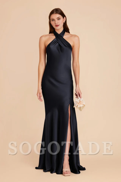 A-line diagonal seam front cross slit hanging neck bridesmaid dress-SOGOTADE