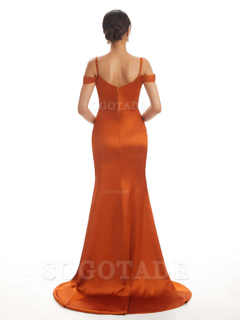 Mermaid Off The Shoulder Satin formal dresses evening gown Bridesmaid Dresses With Side Slit 