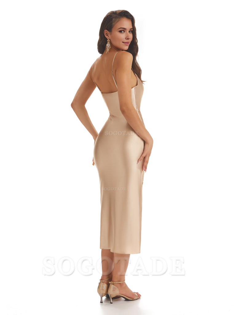 Sexy Soft Satin Spaghetti Strap Tea-Length Midi Short Bridesmaid Dresses prom shop dresses