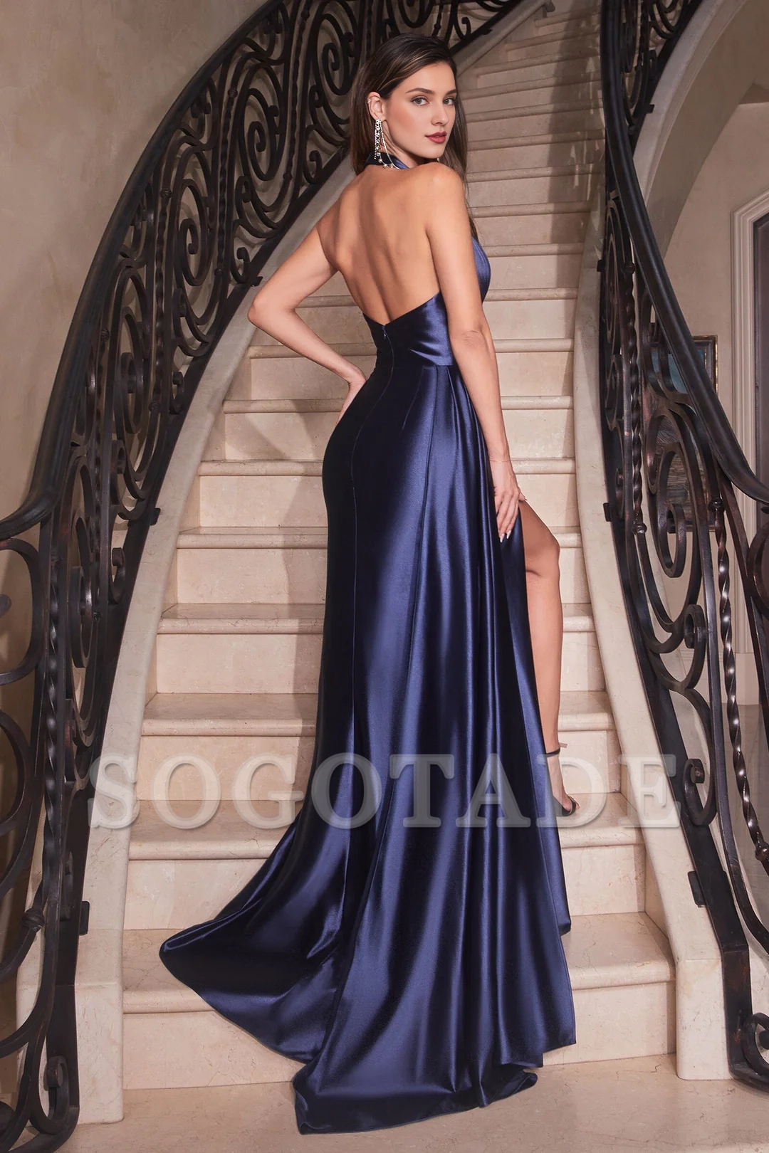 Fitted slit skirt satin long hanging neck dress