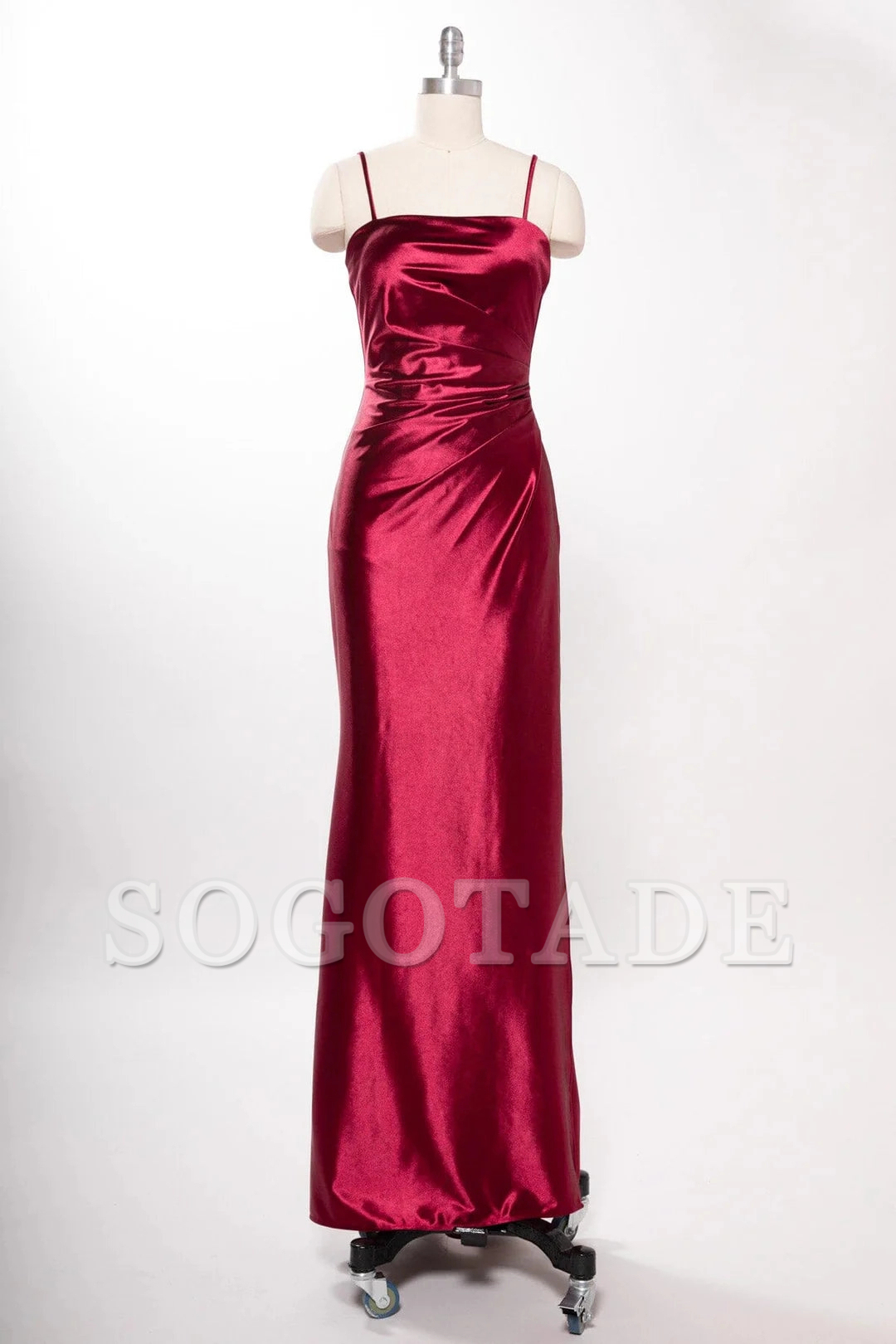 Fitted slit skirt rectangular collar satin dress
