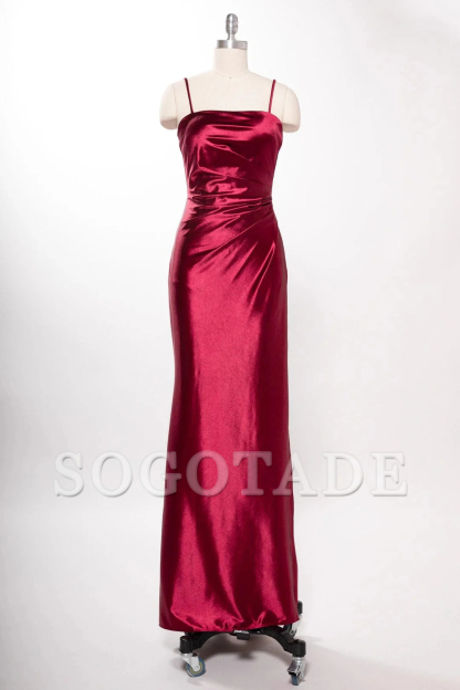 Fitted slit skirt rectangular collar satin dress