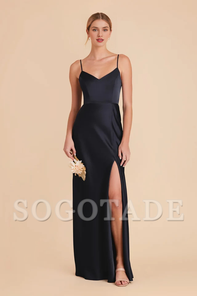 Thin shoulder strap V-neck satin full lining and floor length bridesmaid dress