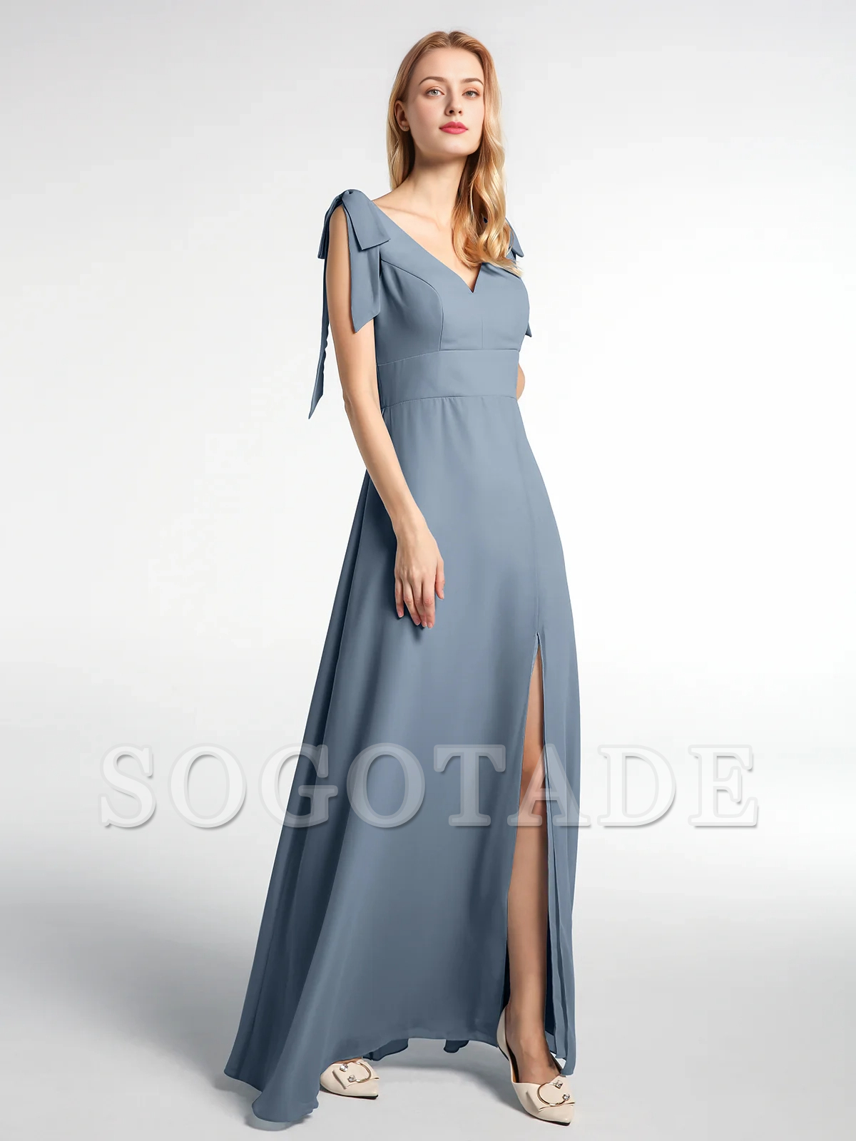 Bow flat ribbon chiffon front slit long skirt