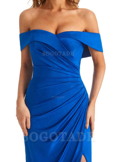 Sexy Mermaid Cultivate oneself Off The Shoulder Pleated Side Slit Long Bridesmaid Dresses Formal Women's Dresses Wedding Guests Dresses