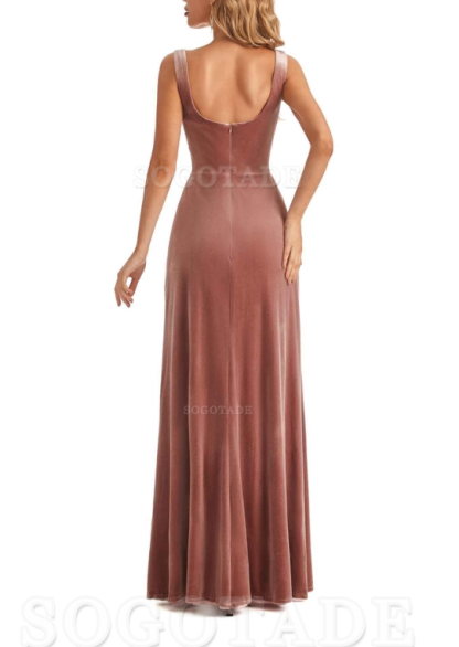 Elegant A Line Sheath Velvet Square Side Fork Long Bridesmaid Dresses Formal Women's Dresses Wedding Guests Dresses