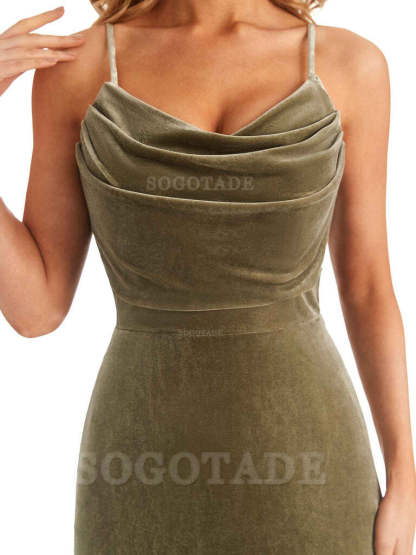 Elegant High Quality Mermaid Spaghetti Straps Cowl Velvet Side Slit Long Exquisite Bridesmaid Dresses Formal Women's Dresses Wedding Guests Dresses