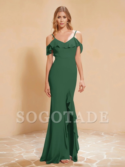 Ruffle V-neck floating sleeve fishtail chiffon dress