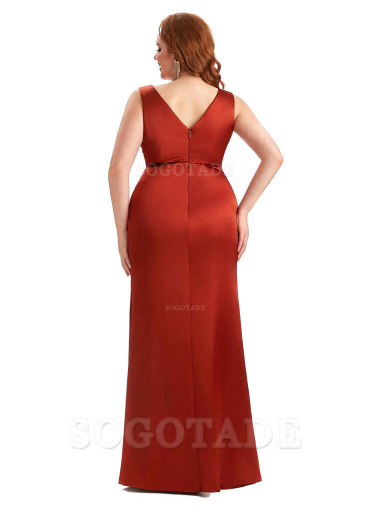 Mermaid V-Neck Satin formal dresses evening gown Bridesmaid Dresses With Side Slit 