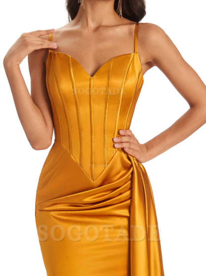Sheath Spaghetti Satin Straps Floor-Length formal dresses evening gown Bridesmaid Dresses