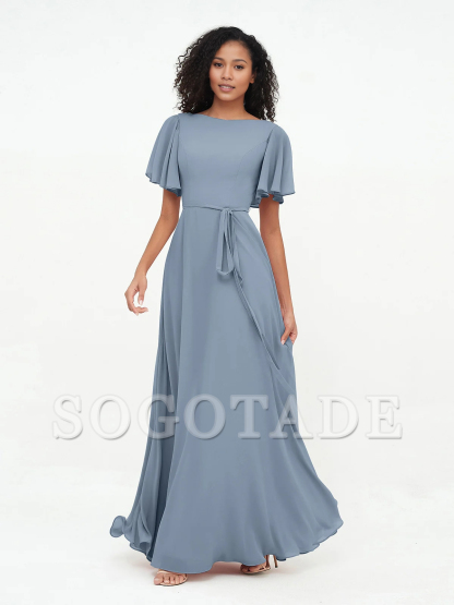 Bow fluttering sleeves chiffon bridesmaid dress