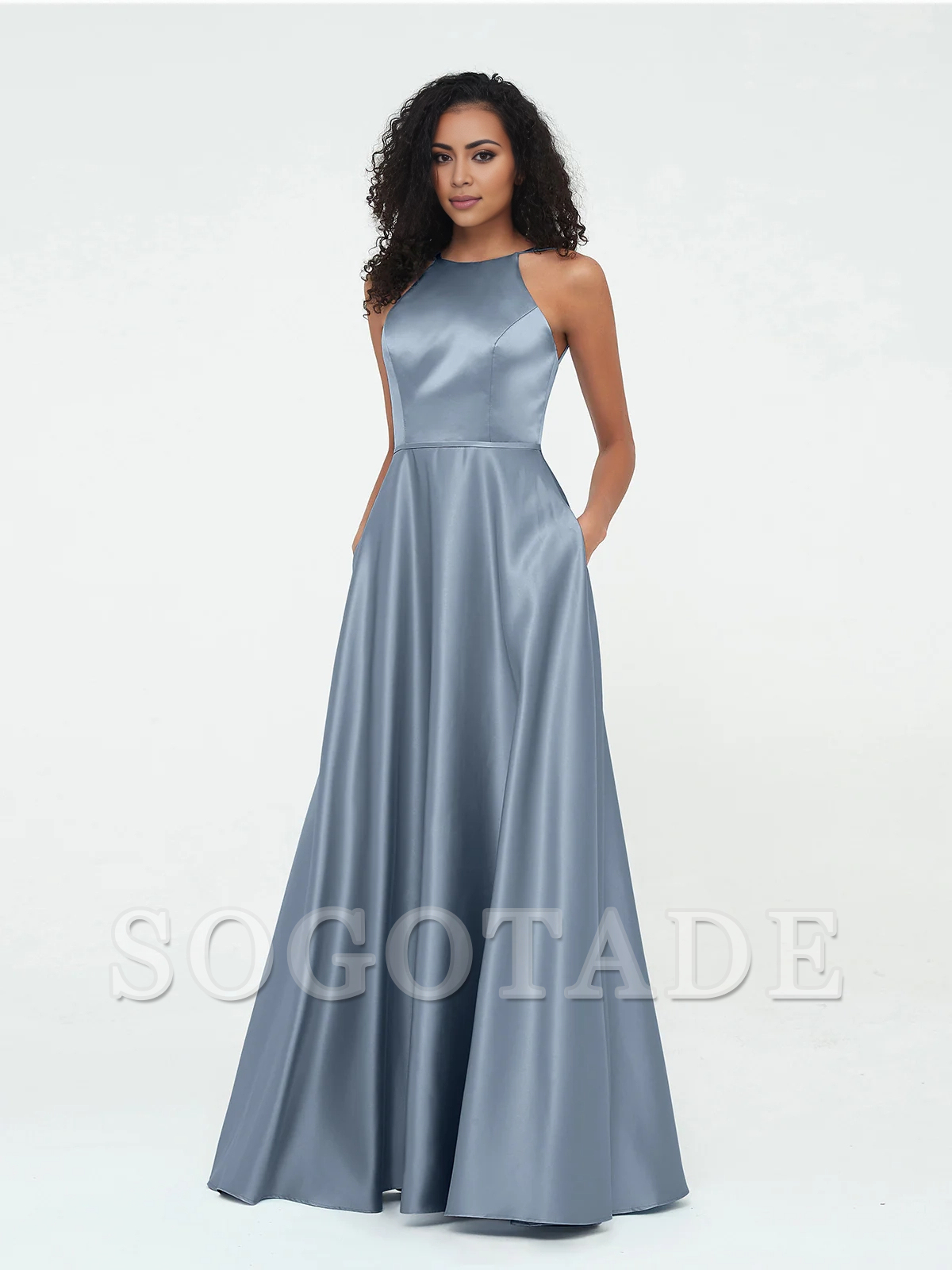 A-line hanging neck large pocket satin dress-SOGOTADE
