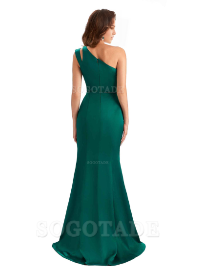 Mermaid One Shoulder Satin Sexy formal dresses evening gown Bridesmaid Dresses With Side Slit 